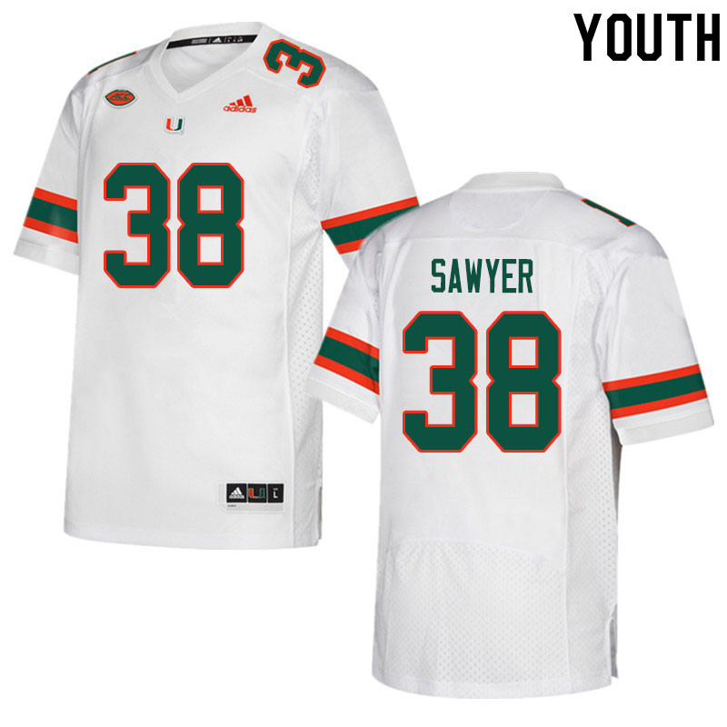 Youth #38 Shane Sawyer Miami Hurricanes College Football Jerseys Sale-White - Click Image to Close